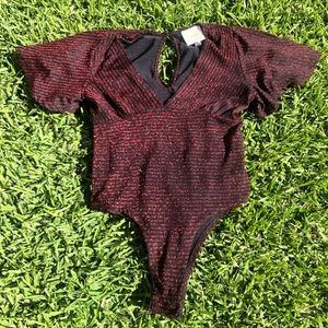 Lulu’s Sparkly Garnet Red Blouse Bodysuit